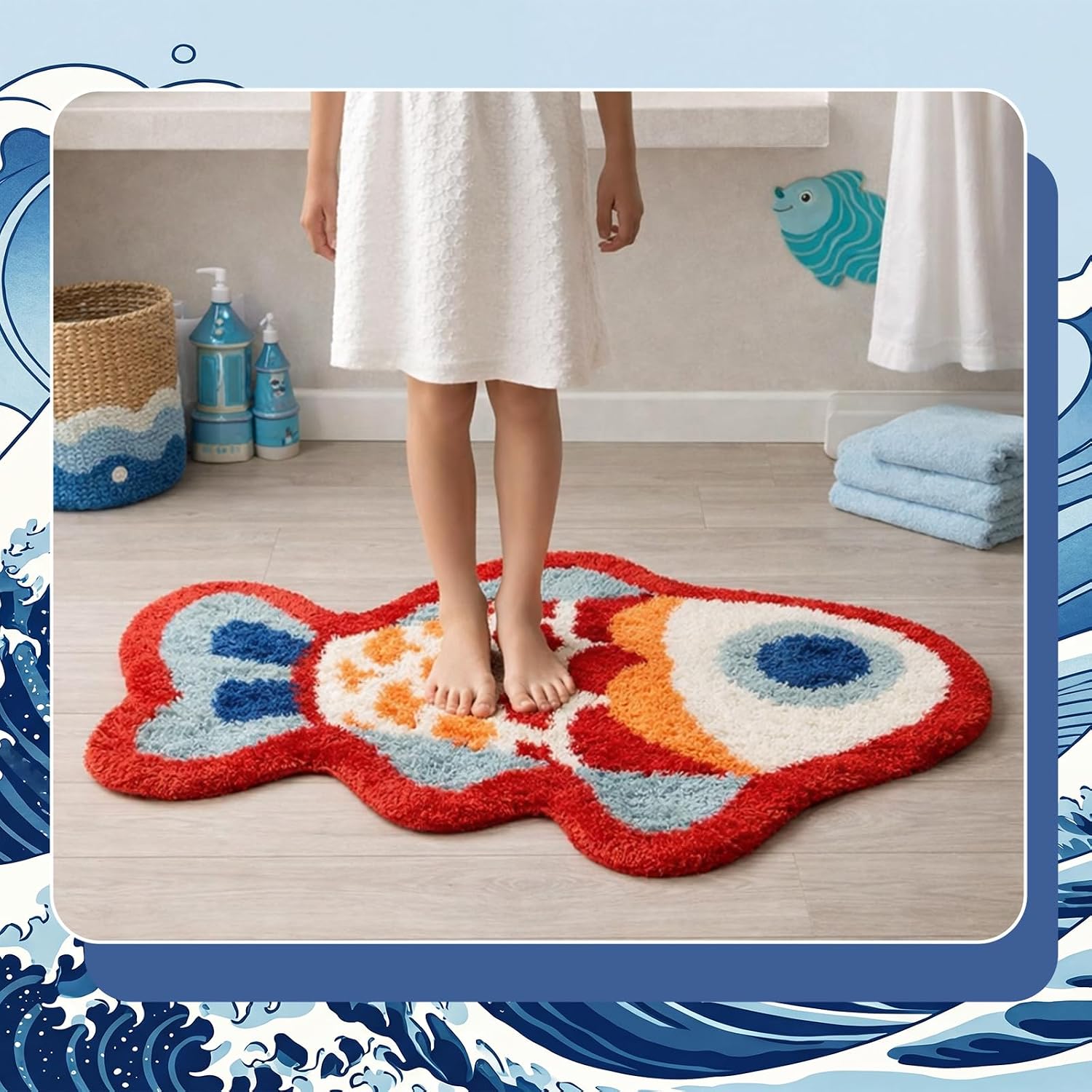Tinideya Cute Fish Bath Mat for Bathroom Decor Japanese Koi Shape Bathtub Rug Soft Absorbent Microfiber Tufted Floor Carpet with Non-Slip Backing Machine Washable for Shower Kids Bedroom 17 x 27 Inch