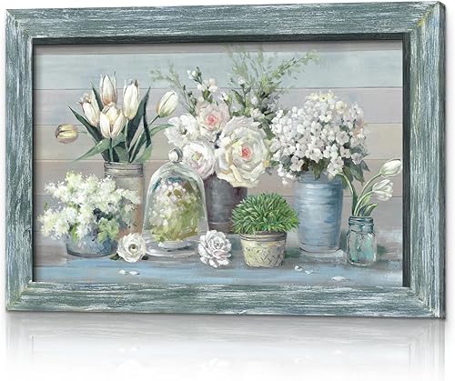 Miniatura 8 de Arte de pared enmarcado con ramo de rosas, pintura floral abstracta rústica marrón en florero, impresiones botánicas, obras de arte de madera