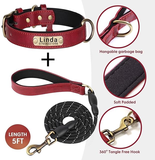 Foto 4 de 8 de SEOUGEE Collar de cuero auténtico para perro personalizado y juego de correa