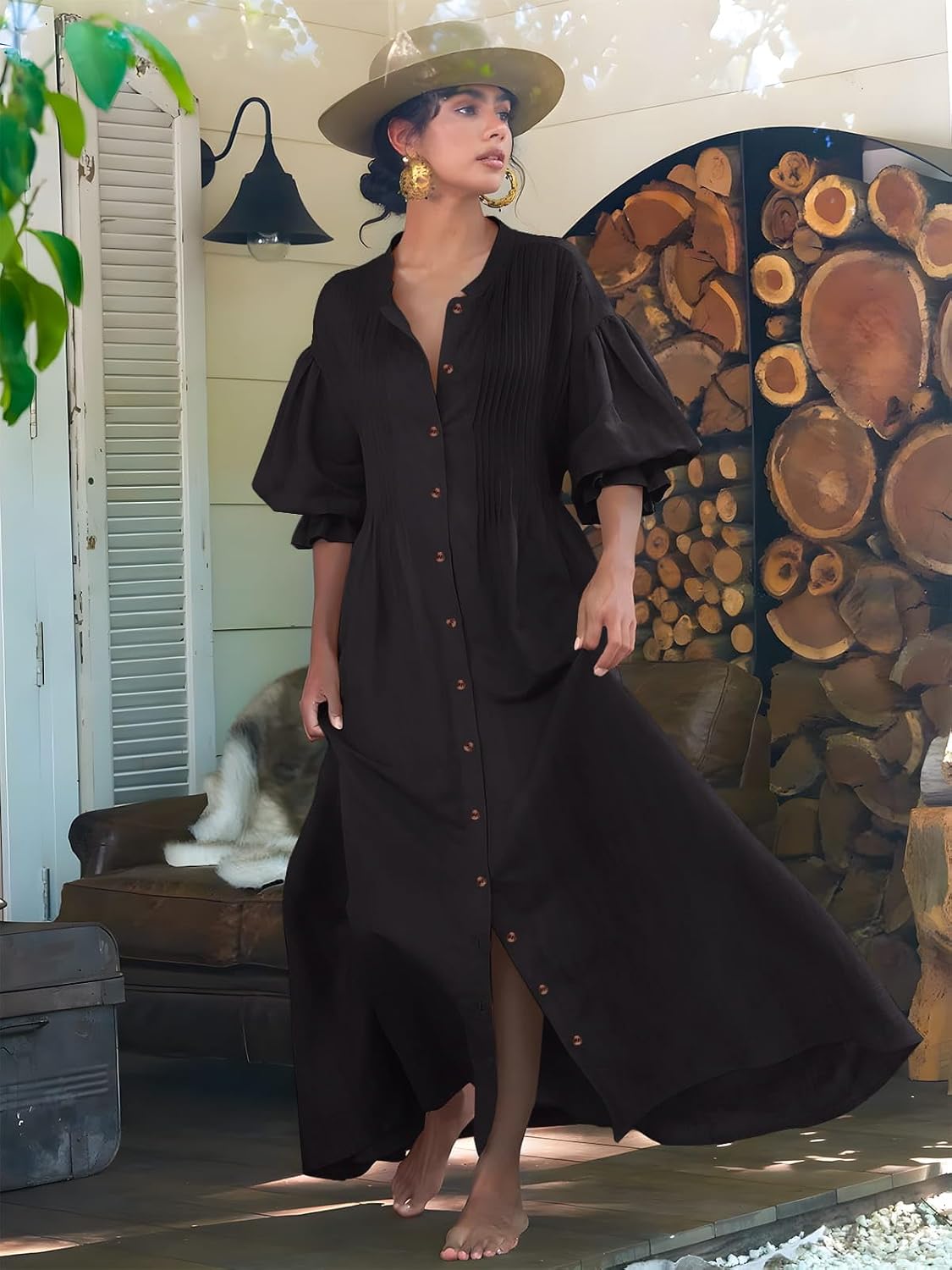 Paintcolors Women's Long Sleeve Maxi Dress Casual Button Down V Neck Flowy Belted Tie Waist A-Line Loose Shirt Swing Dresses - Image 3