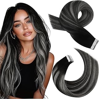 Moresoo Ombre Tape in Hair Extensions Balayage Human Hair Tape in Extensions Off Black to Silver Mix with Black Rooted Glue in Extensions Remy Straight Human Hair 16 Inch #1B/Silver/1B 20pcs 50g