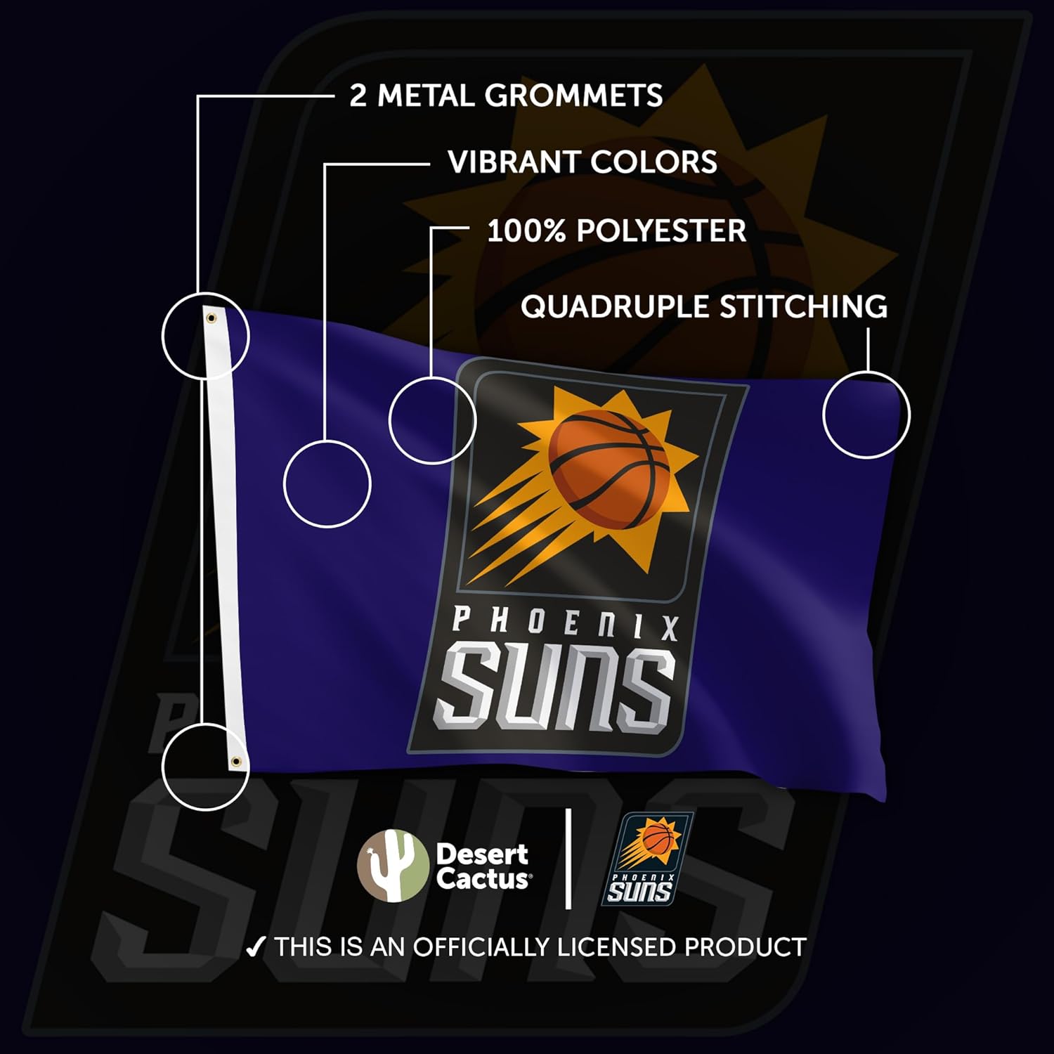Desert Cactus Phoenix Suns Flag NBA 100% Polyester Indoor Outdoor 3x5 feet National Basketball Association Team Flags (Flag #2) - Image 4