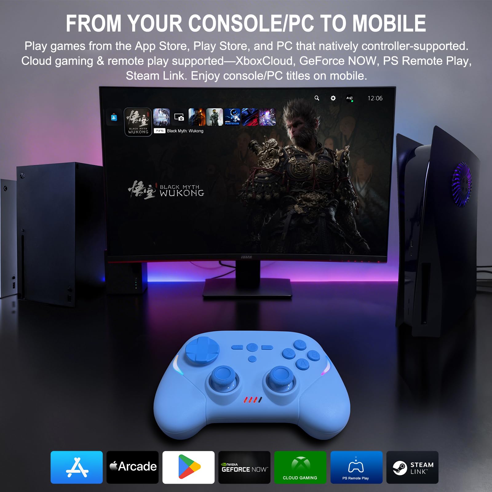 Joso Manette de jeu mobile sans fil pour iPad/tablette/iPhone/Android/Switch/Switch 2/Lite/OLED/PC, Manette de jeu portable avec joysticks/déclencheurs/gyroscope 6 axes – Bleu