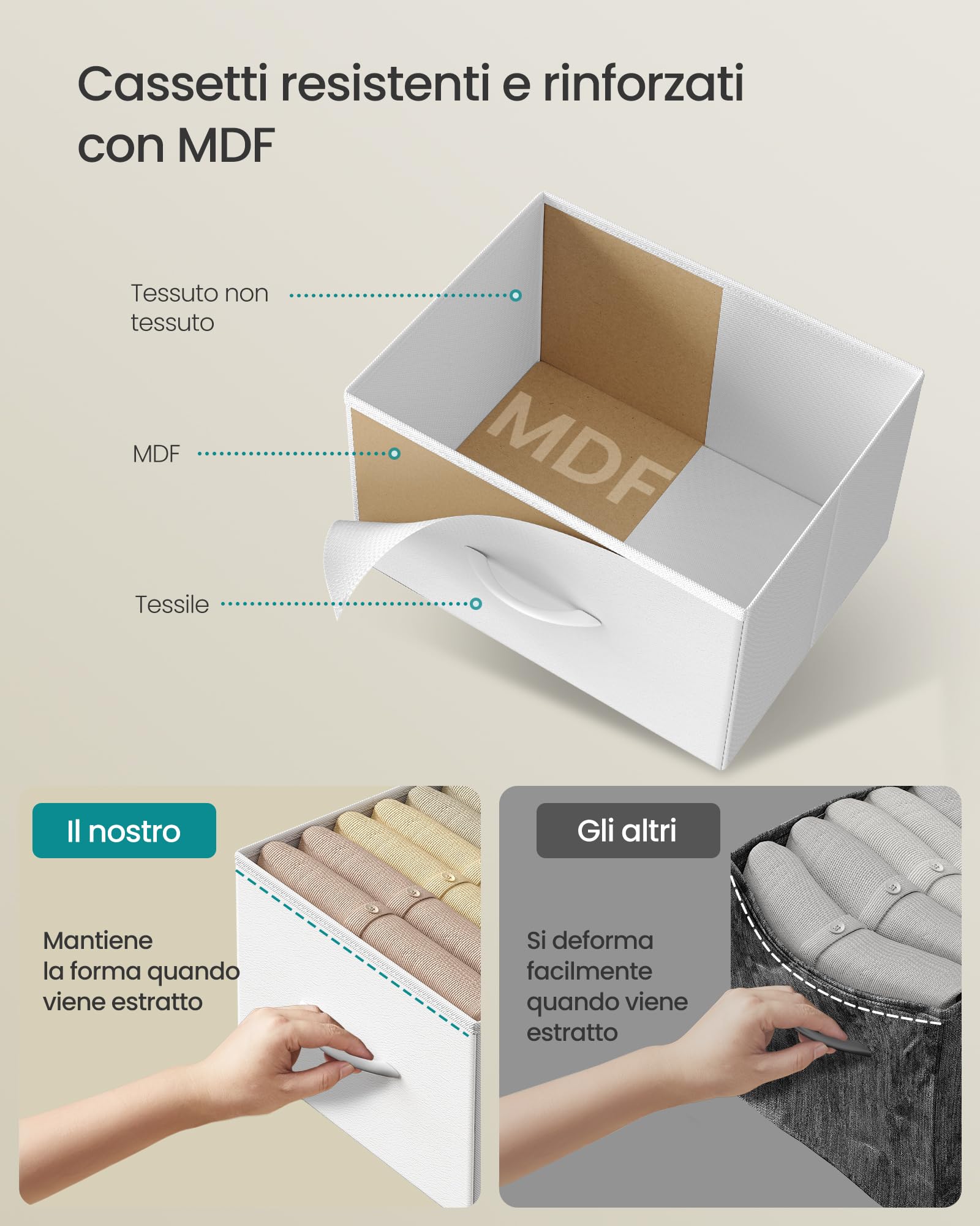 SONGMICS Cassettiera, Mobiletto con 6 Cassetti in Tessuto, Organizer per Armadio, Struttura in Acciaio, 50,6 x 30 x 117,7 cm, per Camera da Letto, Bianco Neve, Collezione BELLAH LGS541W101