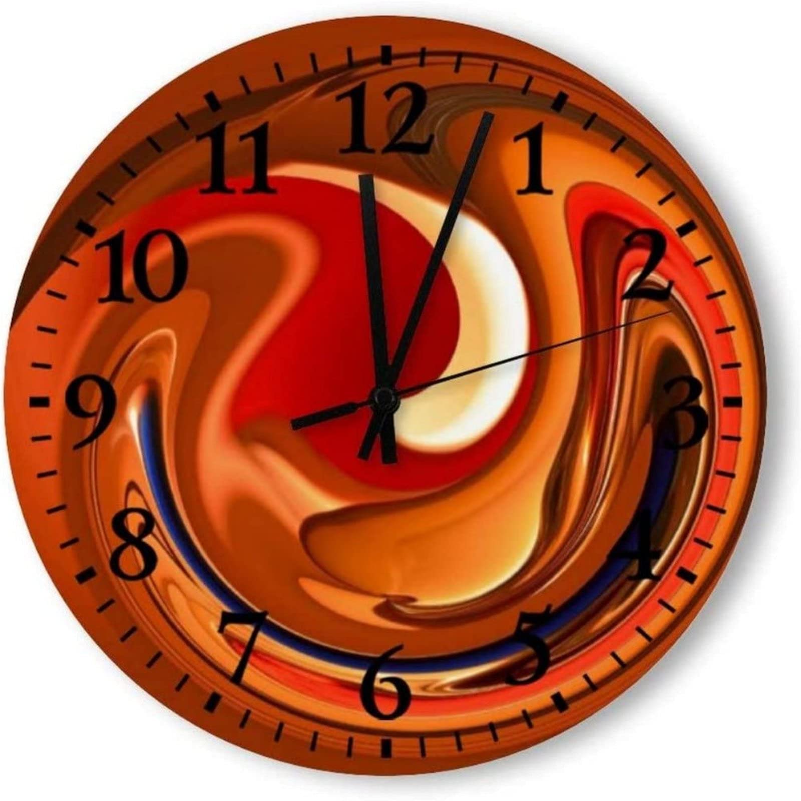 Round Wall Clock 25Cm, Funky Abstract Burnt Orange Design Wall Clock Non-Ticking 3D Clock Easy Readable Vintage Wall Clock For Study Room, Office