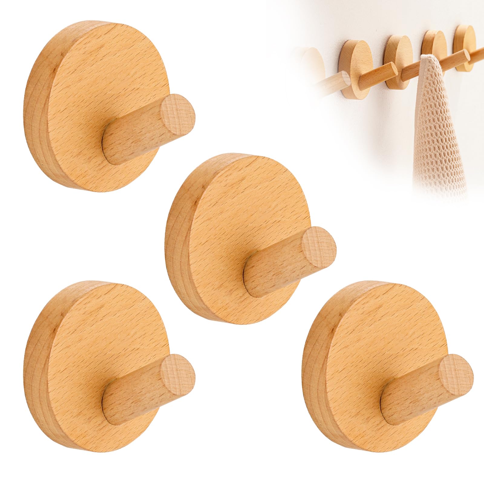 SoeUyd Wooden Wall Hooks, Round, Adhesive, No Drilling, Decorative, for Hallways, Wardrobes, Bedrooms and Bathrooms