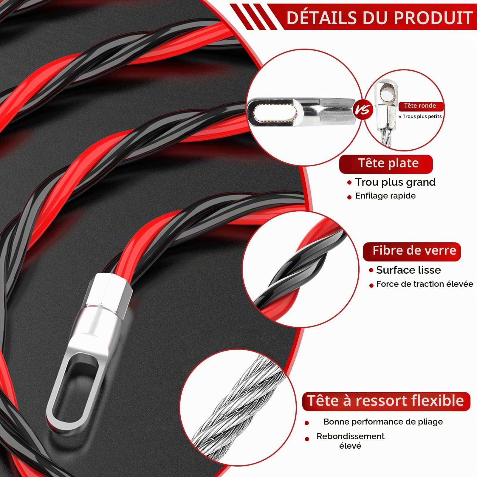 EFUTURETIME 50M Aiguille Tire Cable 6mm Tire Fils Electrique avec 2 Ressorts de Guidage, 3 Sangles d'Arrimage, pour Insertion et Extraction de Câbles Électriques