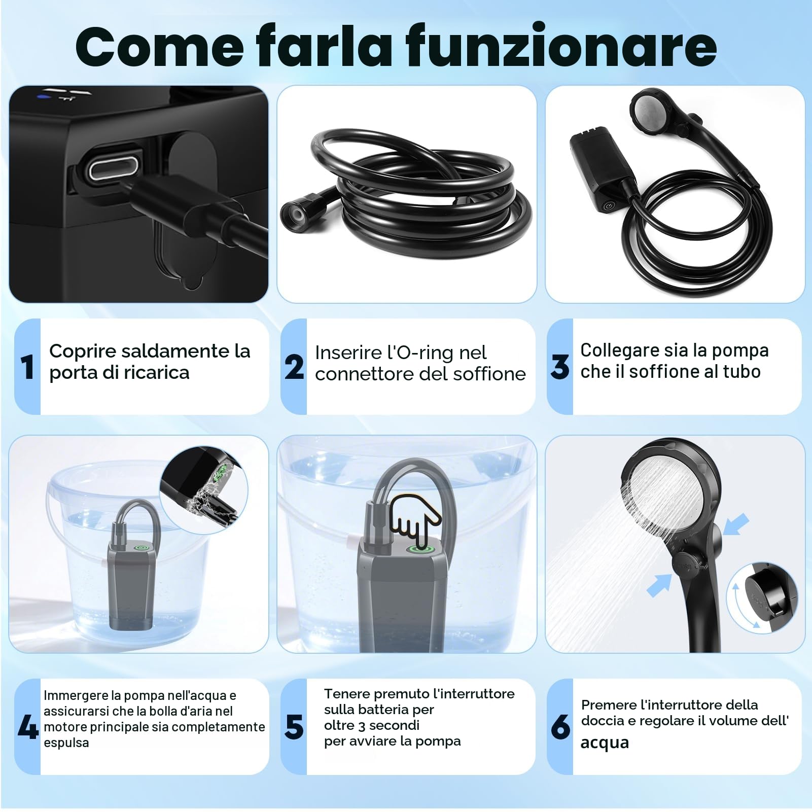 Uplayteck Doccia da Campeggio, Doccia Ricaricabile Portatile da 6000 mAh con Impermeabile IPX7, Doccia Portatile con Soffione, Tubo Flessibile e Display della Temperatura, per Spiaggia, Campeggio
