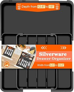 Silverware Organizer Expandable Utensil Drawer Organizer Adjustable Drawer Organizer, Flatware Cutlery Silverware Tray for Spoons Forks Knives Kitchen Organizers Storage Black