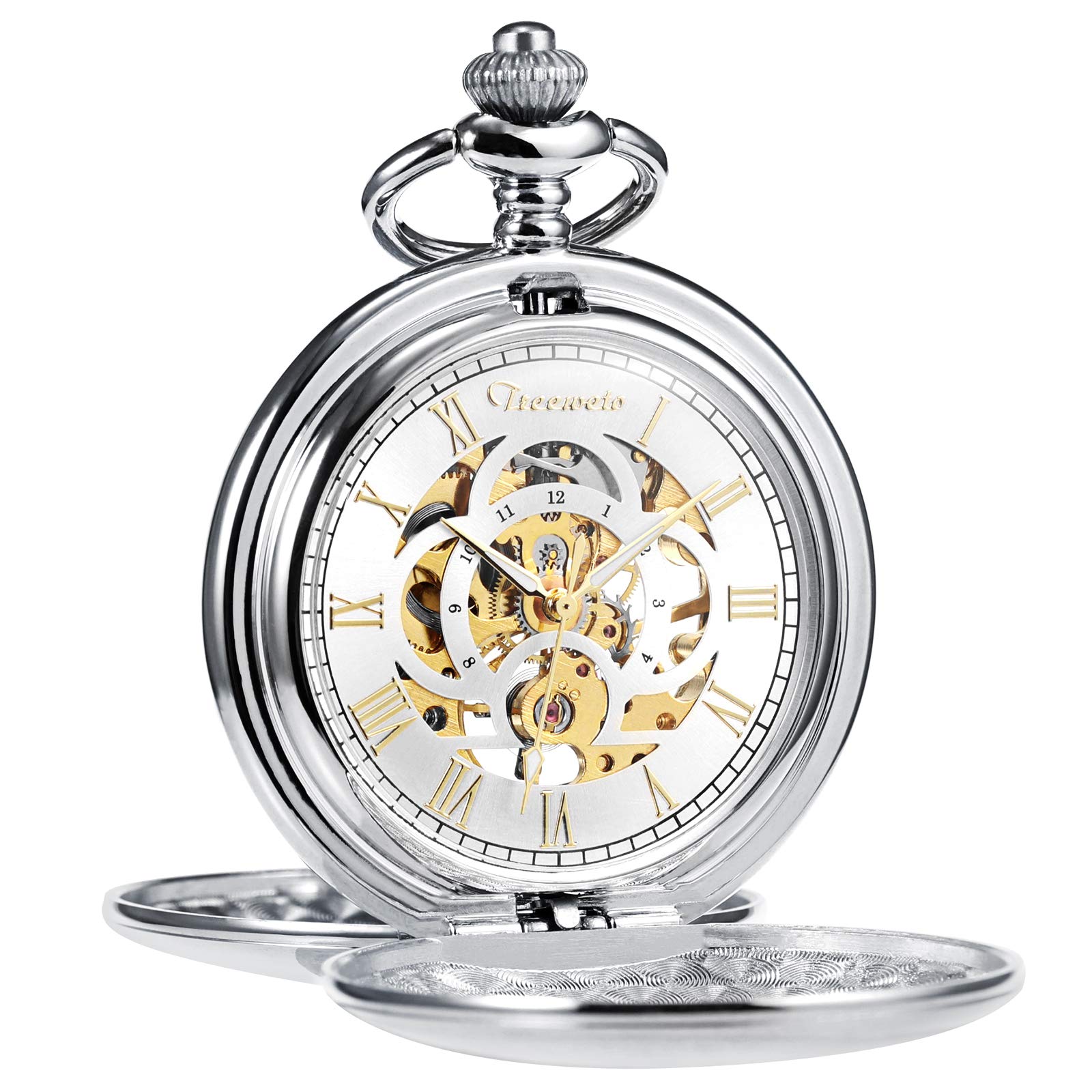 TREEWETO Taschenuhr Unisex Taschenuhr mit Kette Analog Mechanisch Handaufzug Doppelscharnier Antik Römische