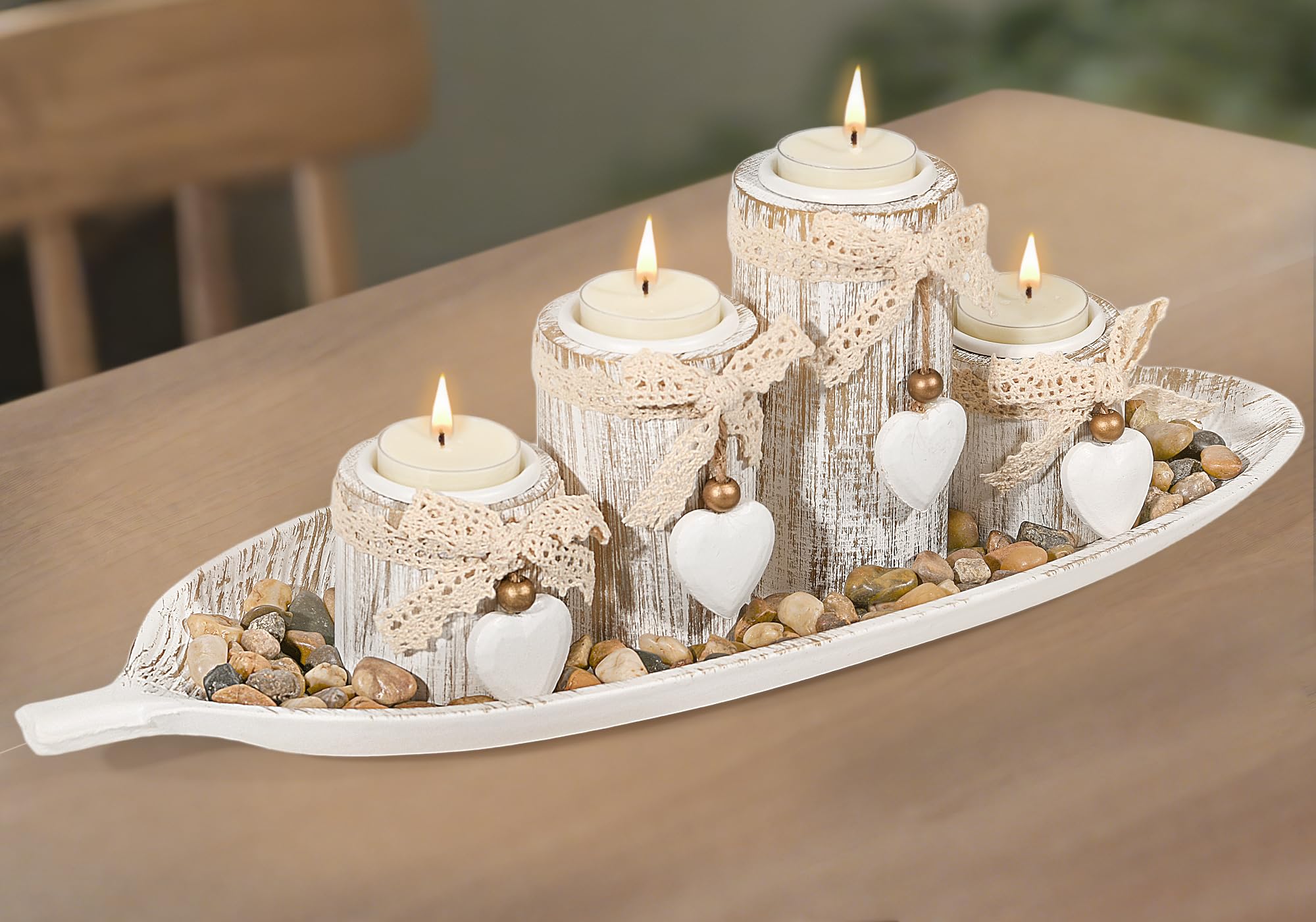 GoMaihe Kerzenhalter aus Holz mit Tablett 4-teiliges: Teelicht-Kerzenständer-Set für Esstisch-Mittelstück, Ornamente für Wohnzimmer und Badezimmer, Einweihungsgeschenke, Blatt