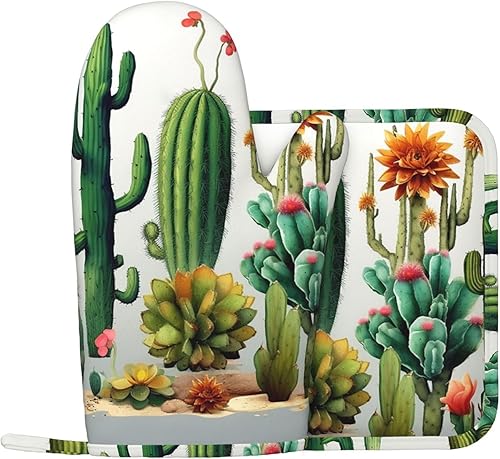 Juego de manoplas de horno de cactus y soportes para ollas, guantes de horno de silicona resistentes al calor para cocinar, guantes de horno