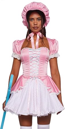 Dolls Kill Bo Peep Costume by Trickz N Treatz Womens Pink Fairytale Corset Dress with Bonnet Hat & Stockings