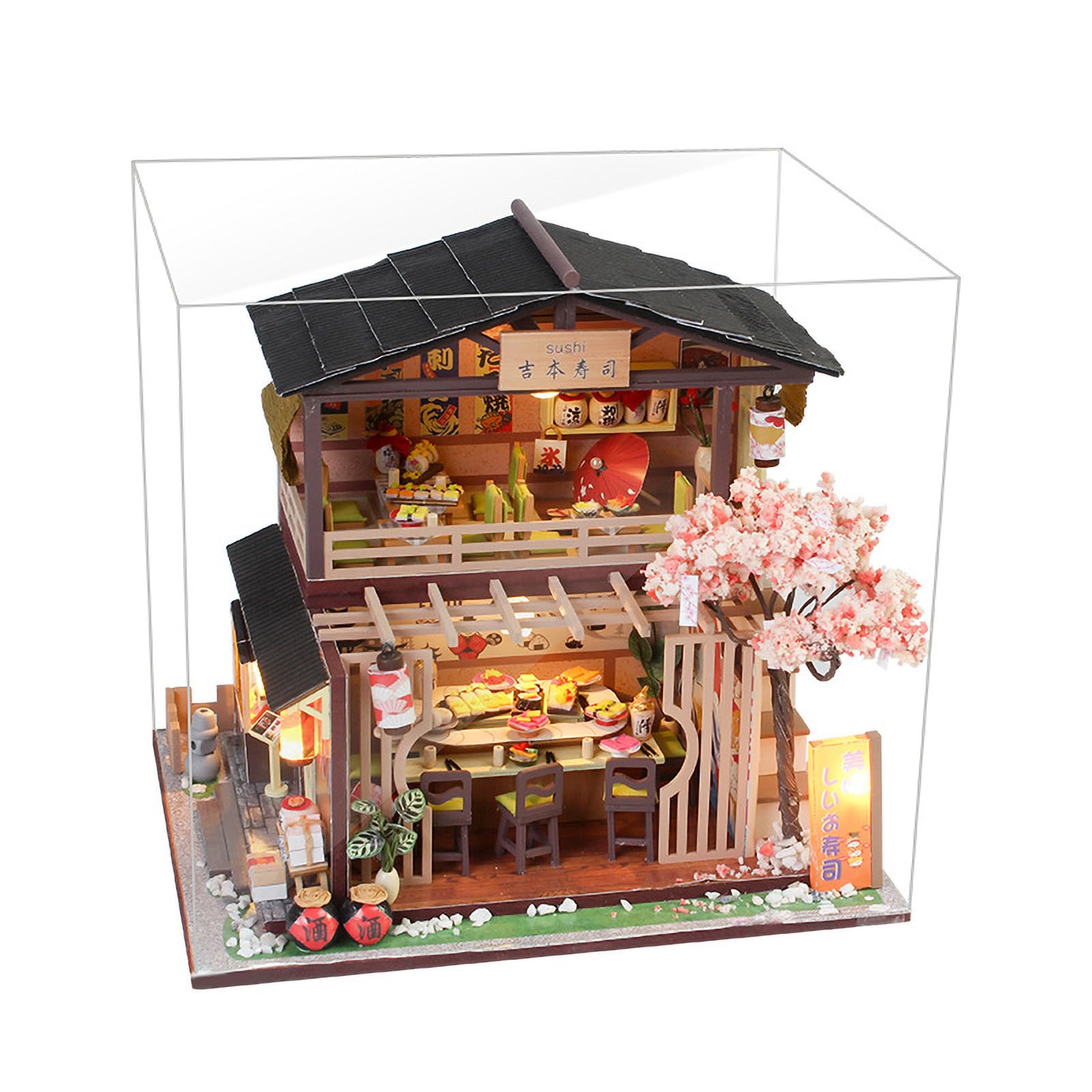 Generic Model Sklepu z Sushi dla Majsterkowiczów Wykwintna Drewniana Japońska Zabawka do Montażu LED dla Dorosłych Nastolatki, Miniaturowe Meble Domowe z Lipy do Kreatywnego Projektu, przyjaciół