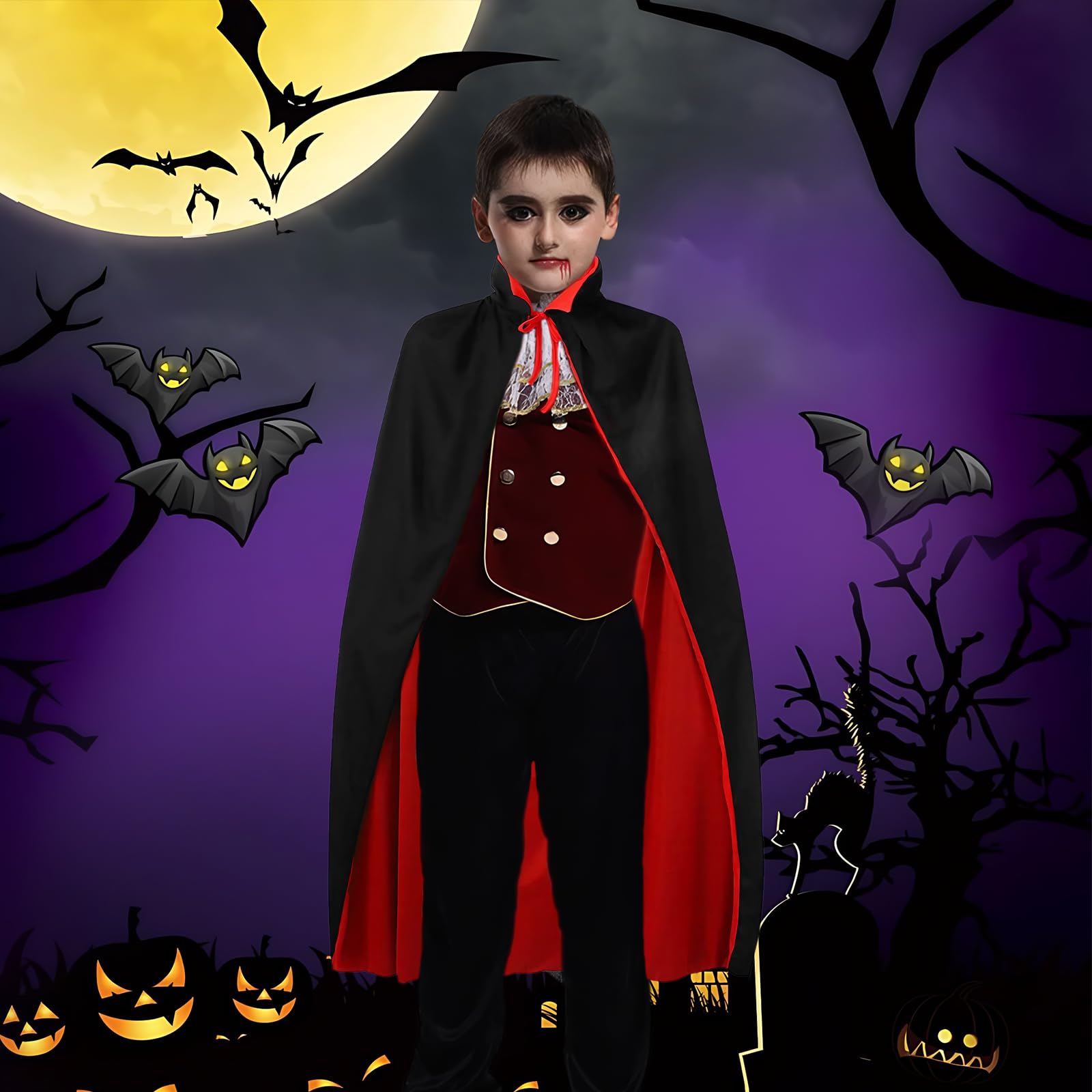 Halloween Vampire Cape Black Red Stand-Up Collar Cape, Felt Masks Dress Up- Adjustable Sizes - Image 4