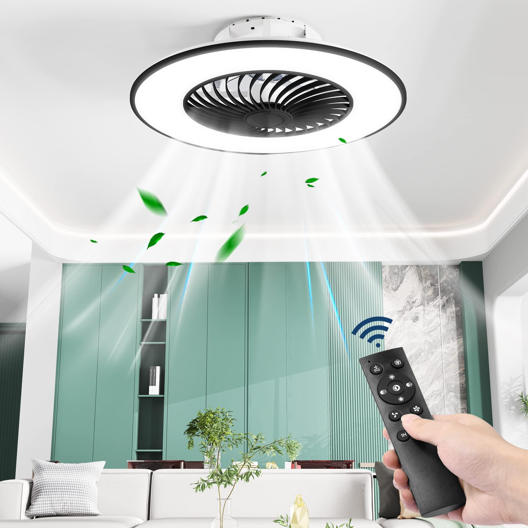 Bladeless Ceiling Fan with 3-Color Dimmable Light, Modern Enclosed Multi-Speed Low Profile Ceiling Fans with Remote Control, for Bedroom/Dining Room/Kitchen Flush Mount