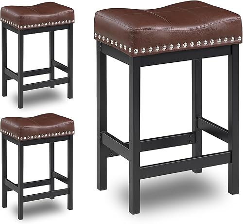 OUllUO 918P-BR3 - Juego de 3 taburetes de bar marrones, taburetes de bar de altura de mostrador, taburetes de piel sintética con marco de metal para