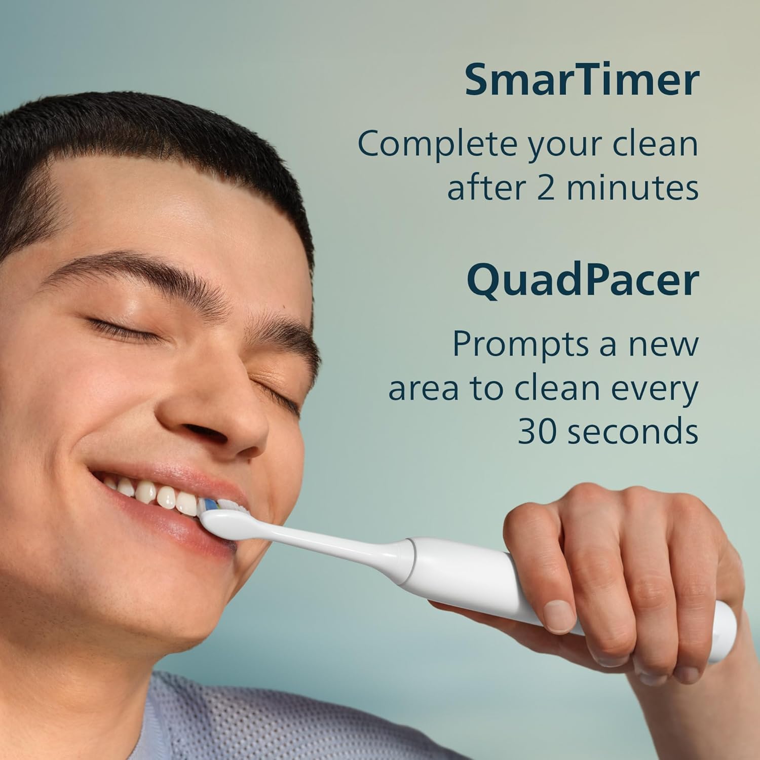 Image showing a person brushing their teeth with Philips Sonicare, highlighting SmarTimer and QuadPacer features.