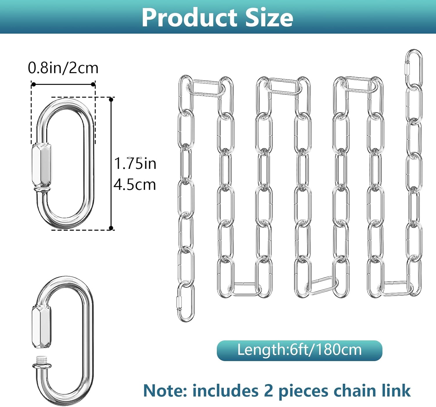 6 Feet Industrial White Light Fixture Chain, Adjustable Metal Pendant Chandelier Chain Extension with Detachable Link, Maximum Load is 66 Pounds