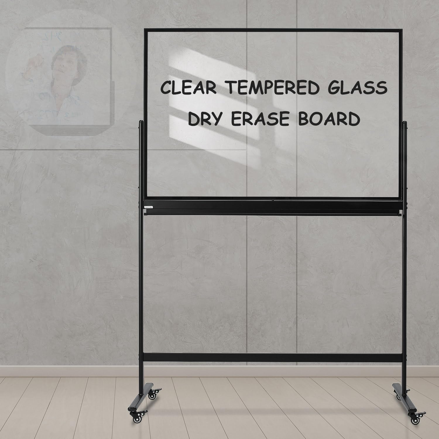 TSJ-OFFICE Rolling Clear-Glass Whiteboard on Wheels - 48" x 32" Mobile Dry Erase Board with Stand, Large Rolling White Board with 25 Sheets Paper Pad, Transparent Tempered Glass Board for Home Office