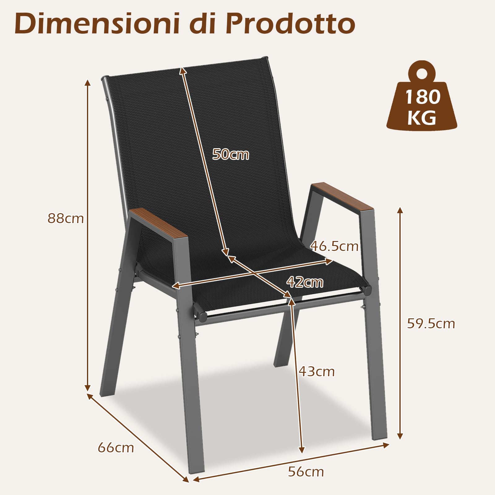 COSTWAY Set di 2/4 Sedie da Giardino, Poltrone in Tessuto Textilene per Esterno, Sedie Impilabili con Gambe in Metallo, Portata 180 kg, 56 x 66 x 88 cm (Nero,4)