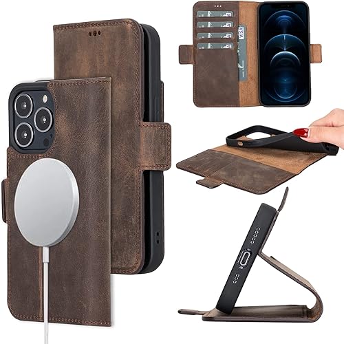 Bayelon Funda para iPhone 13 Pro de 6.1 pulgadas, funda de cuero de grano completo, funda magnética con ranuras para tarjetas, soporte y soporte