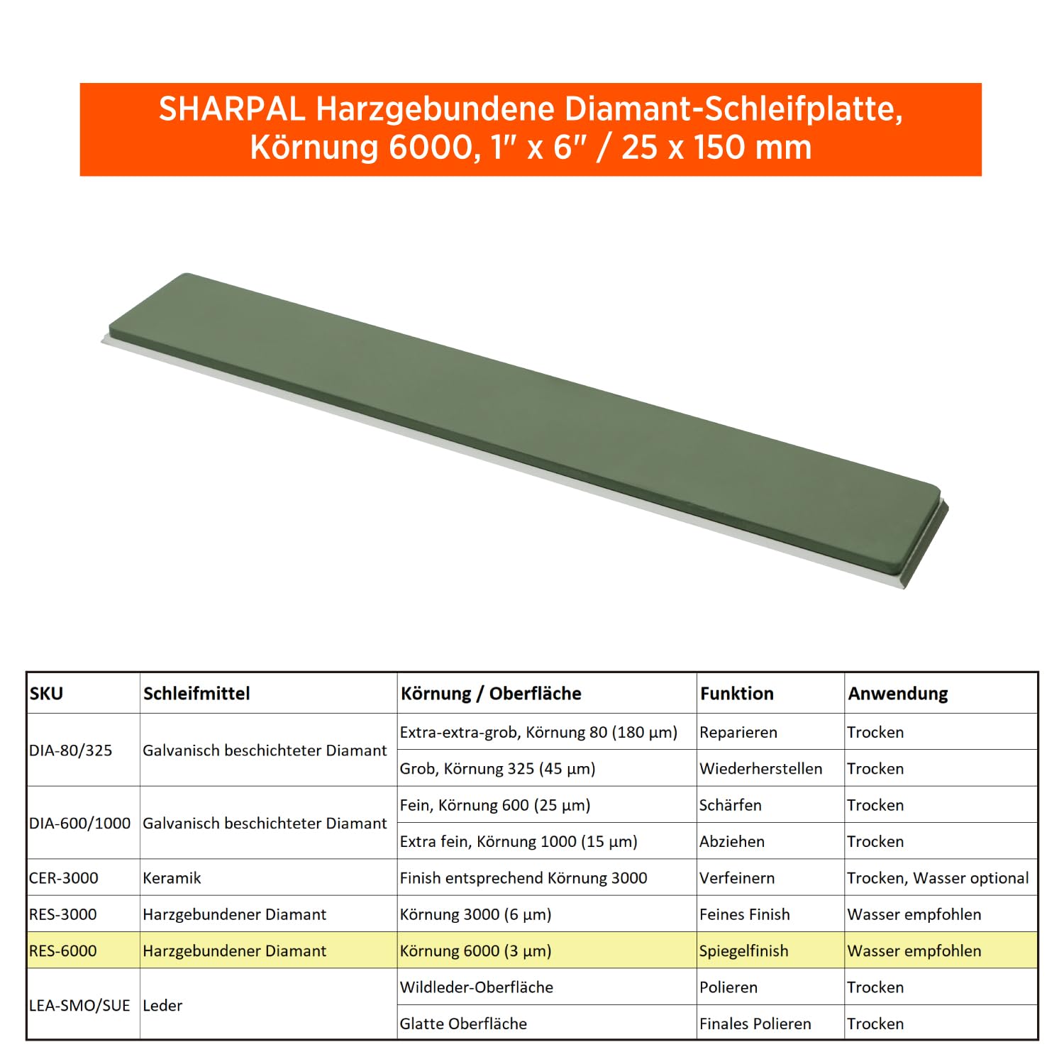 SHARPAL Kunstharz-Diamantplatte 6000, 1"x6"/150x25 mm | Vollmatrix-Diamant in Kunstharzbindung für harte Stähle: verschleißfest, geringe Zusetzung, gleichmäßige Körnung