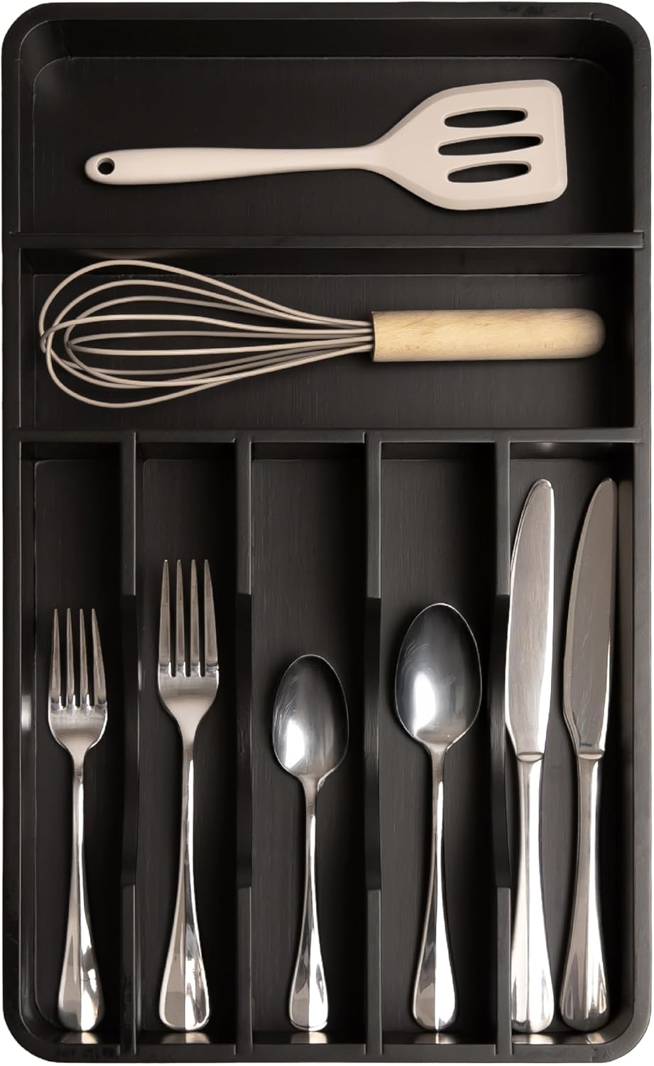 Silverware Organizer - Cutlery, Flatware, and Utensil Holder for Kitchen Drawers, Fixed 10.5” Width, 7 Storage Compartments, Non-Slip Feet, Rounded Corners, 100% Bamboo, Black Finish Black Bamboo
