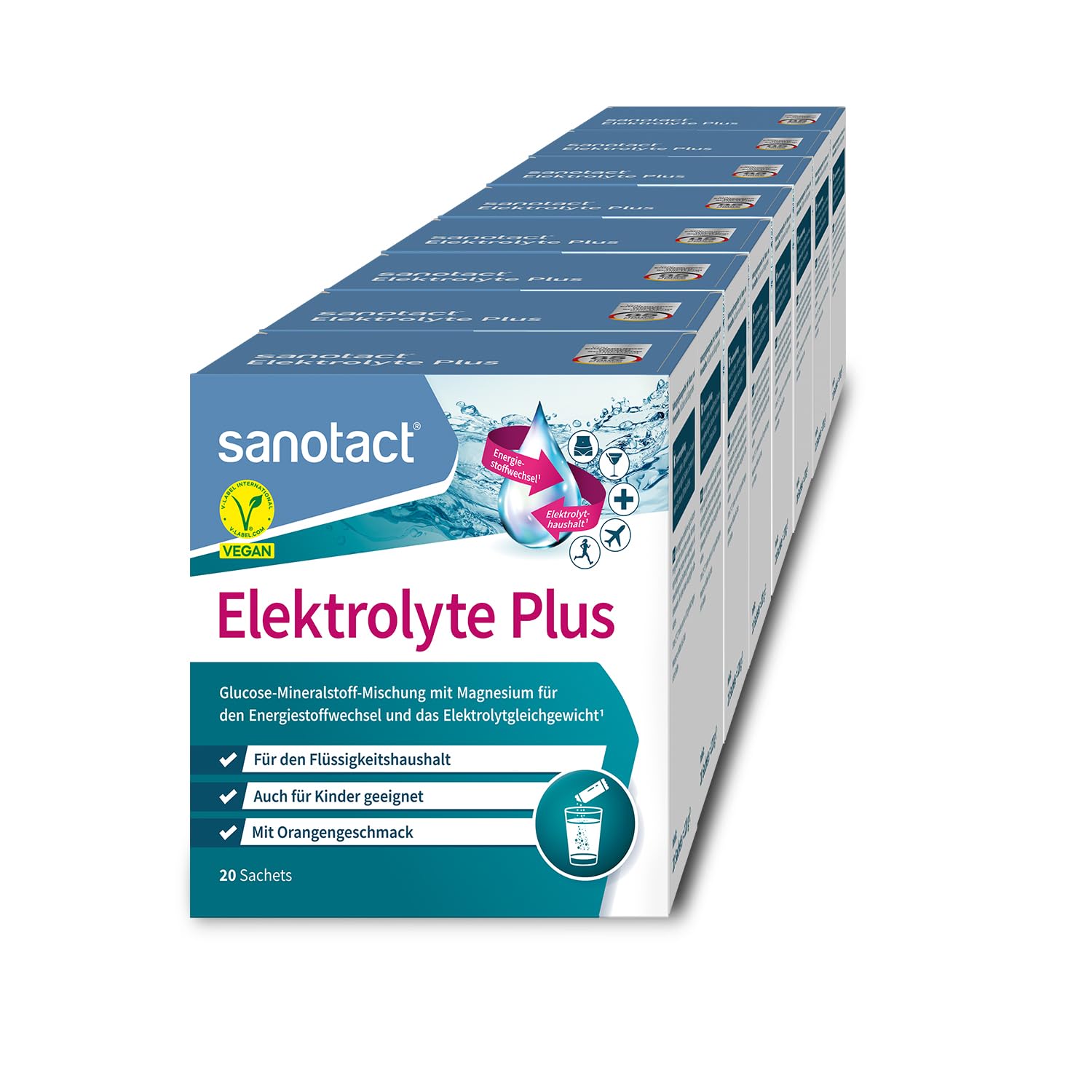 sanotact Elektrolyte Plus (160 Beutel) • Elektrolyt Pulver für Flüssigkeitshaushalt • Kalium & Magnesium für Elektrolytgleichgewicht • 100% Vegan • Hydration • Mit Orangengeschmack