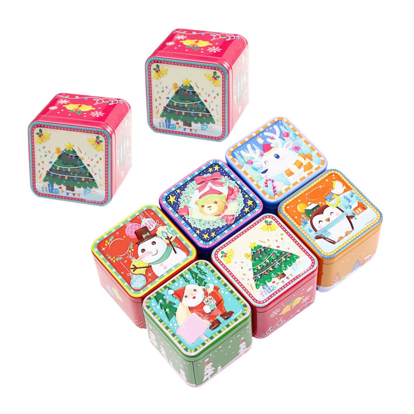 COLLBATH Weihnachtsbox Weißblech 8 Stück Quadratisch Süßigkeiten Aufbewahrungsdosen Aus Eisen Mit Weihnachtlichem Design Dekoration Tragbar Geschenk