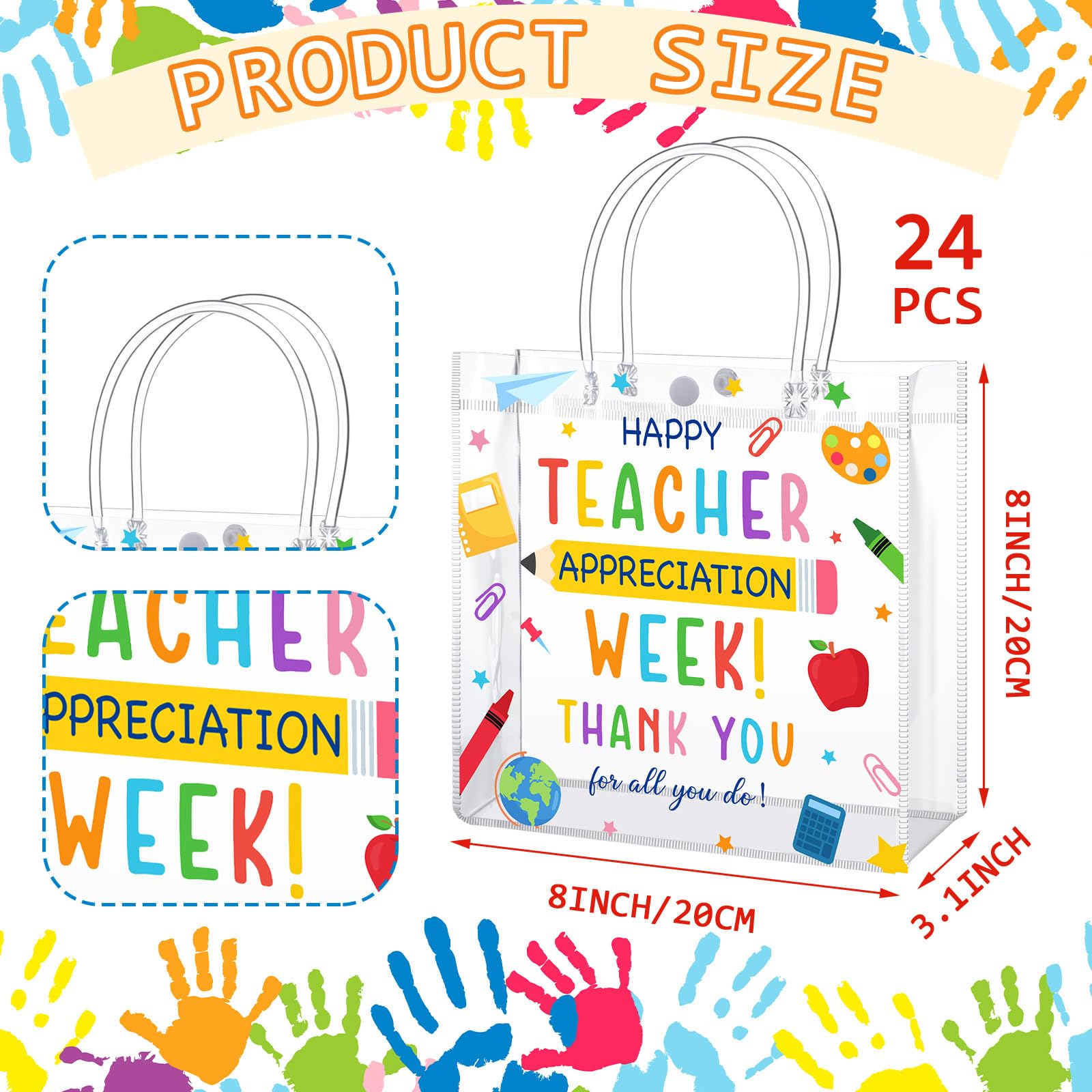 Sweetude 24 Pcs Teacher Appreciation Week PVC Plastic Gift Bags with Handles Back to School Gifts for Teachers' Day First End of the School Year