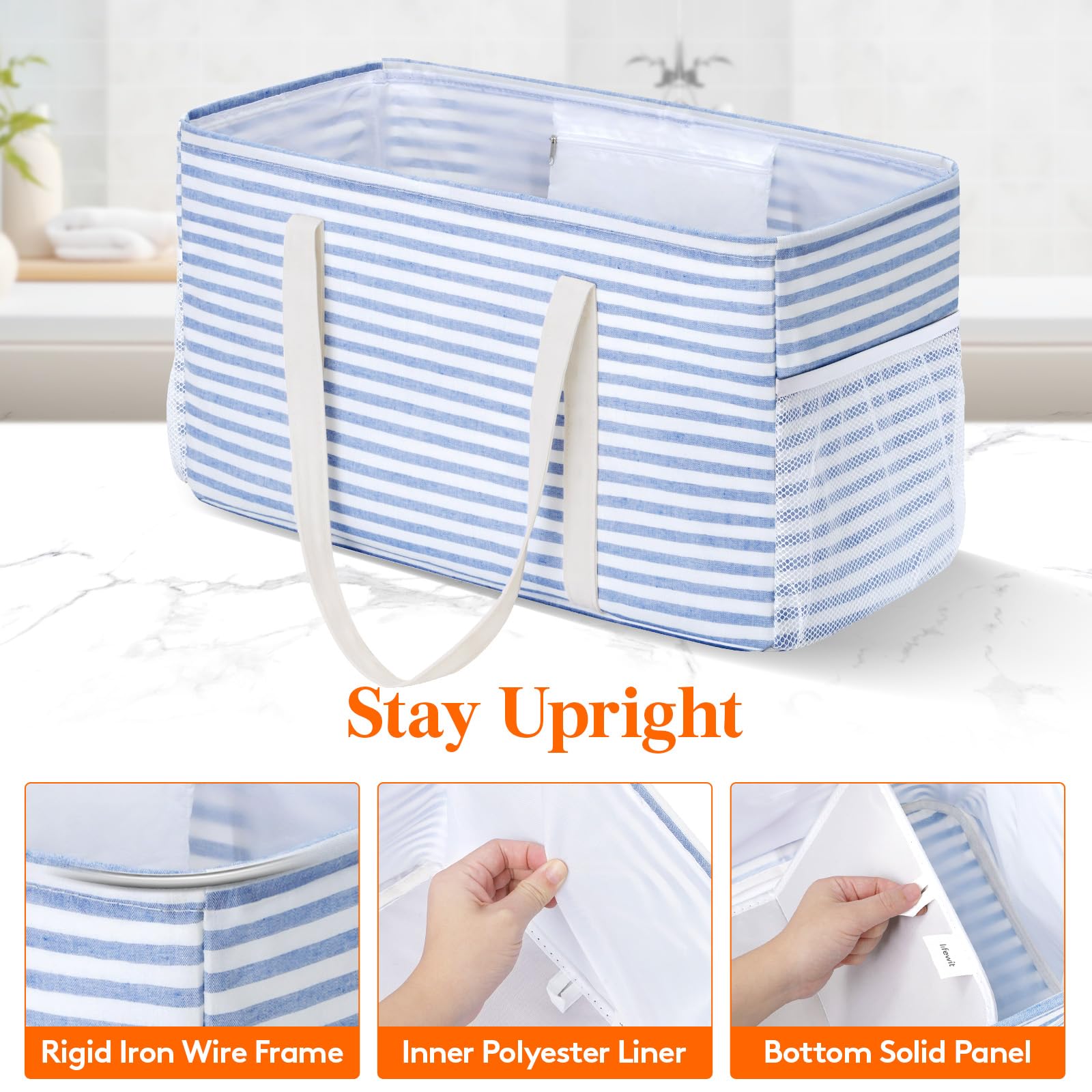 Lifewit Extra Large Tote Bag, Reusable Grocery Bags with Metal Wire Frame and Handles, Standing Utility Foldable Shopping Bags for Storage, Picnics, Beach, Pool, Laundry, Car, Camping, 2 Packs, Blue