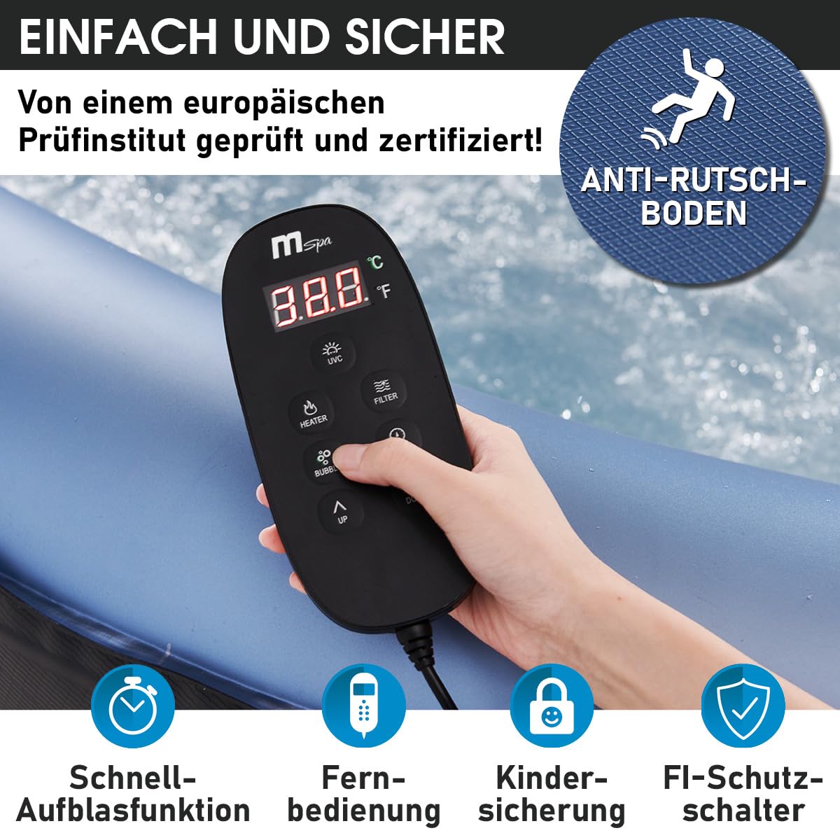 Whirlpool aufblasbar BRAST MSpa Tekapo für 6 Personen 185x185cm In-Outdoor Pool 132 Massagedüsen Energiespar-Timer Heizung Aufblasfunktion per Knopfdruck Bubble Spa Wellness Massage