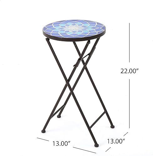 Miniatura 7 de Christopher Knight Home Azure - Mesa auxiliar de cristal para exteriores con marco de hierro, color azul y blanco