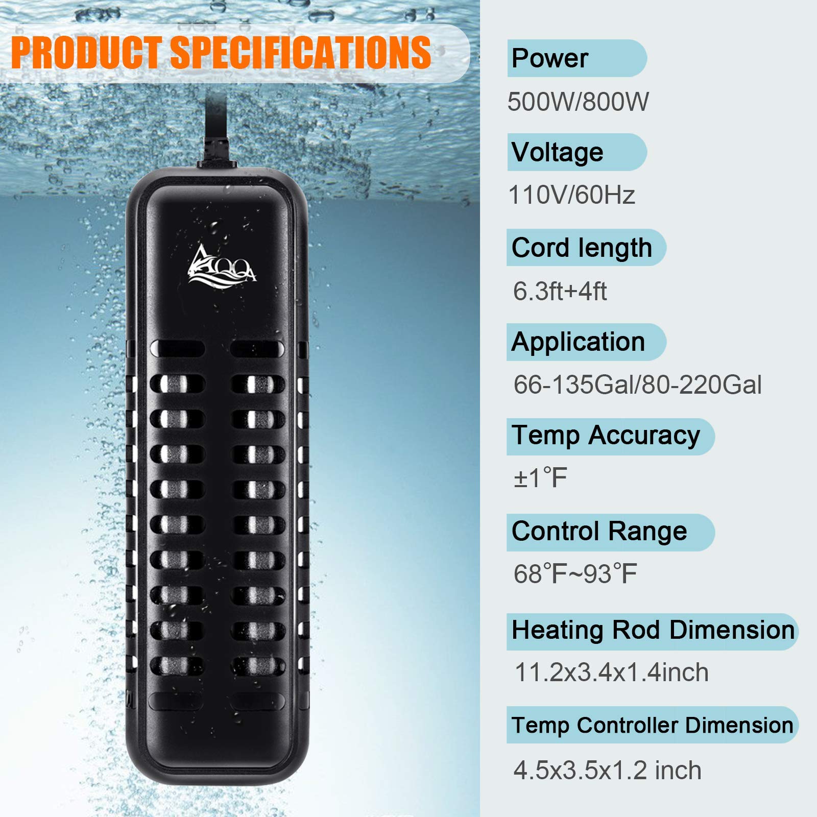 Amazon.com: AQQA Aquarium Heater 500W for 66-135 Gallon Fish Tank Heater  Quartz Glass Submersible Betta Fish Heater for Aquarium Thermostat Heater  for Freshwater and Saltwater (500W for 66-135 Gal) : Pet Supplies