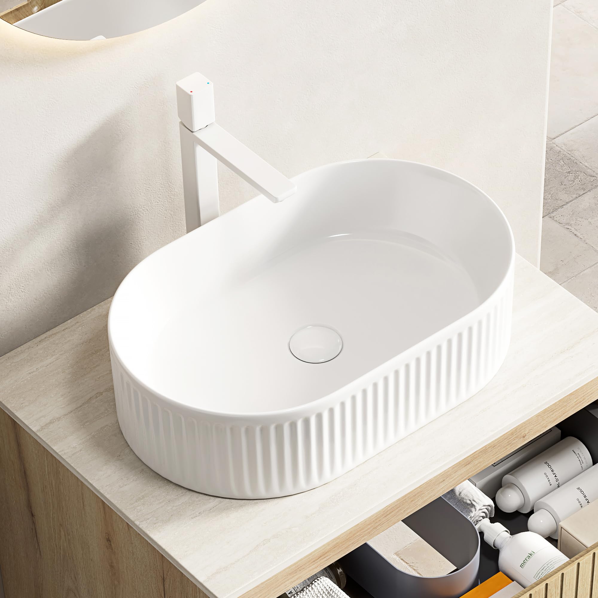 Lavabo ovalado de cerámica, 49 cm, blanco, sin grifo ni desagüe, a rayas, para baño