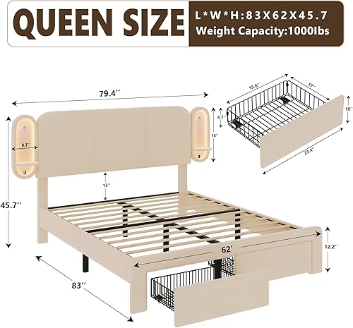 Miniatura 2 de Base de cama tapizada tamaño Queen con 2 cajones de almacenamiento y cabecera de estante lateral, marco de cama de terciopelo con luces LED, puerto