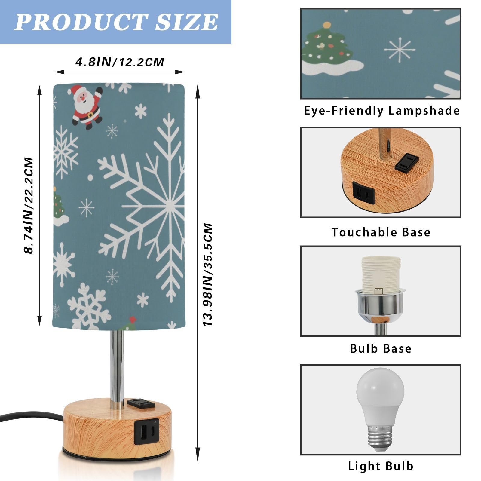 Moda Wesołych Świąt płatek śniegu niebieska lampa stołowa sterowanie dotykowe 3-kierunkowe ściemniane lampki nocne z portami USB C+A 3 temperatury barwowe do akademika
