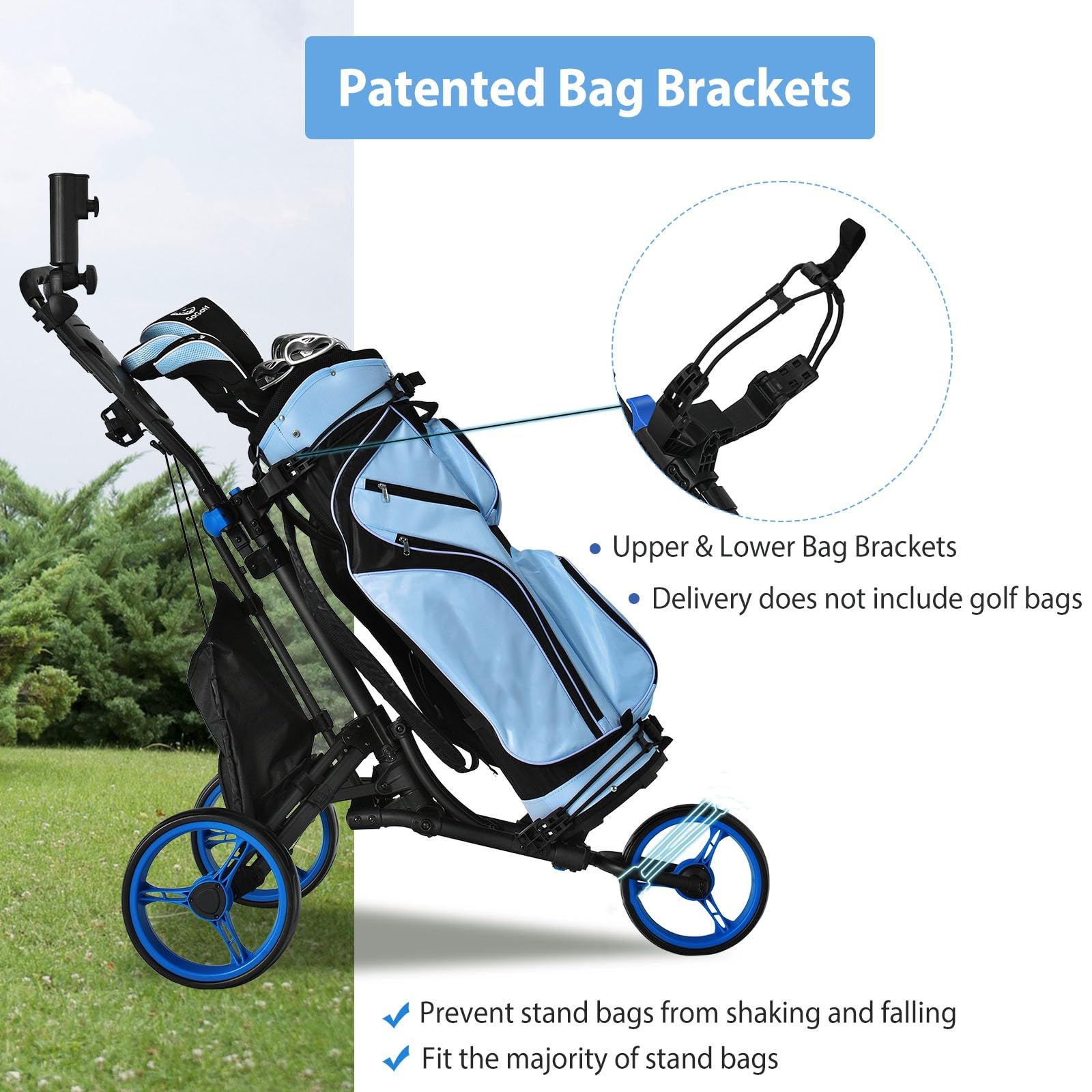 LIFEZEAL Faltbar Golftrolley, 3 Rad Golf Push Cart mit Fußbremse, Golfwagen mit 3 höhenverstellbare Positionen, Golfcaddy klappbar mit Schirmhalter, Flaschenhalter & Tasche