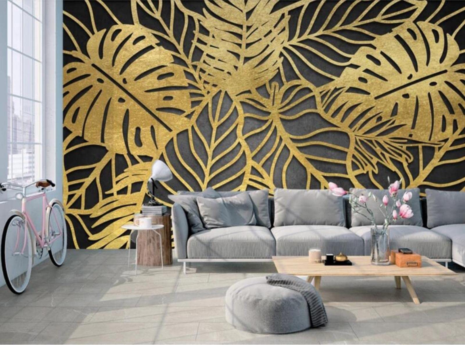 Papier peint intissé feuilles d'or luxe pour salon chic