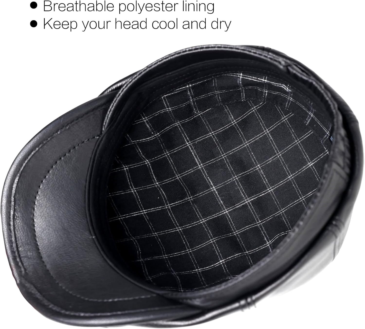 Men’s Premium Goat Leather Newsboy Cap with Adjustable Drawstring, Breathable Soft Polyester Lining, Fits 22.4-23.6in Black - Image 4
