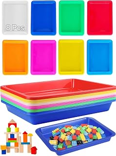 8 Pack Plastic Art Trays 10.9'' x 8.3'' x 1.2'', 8 Colors Activity Crafts Tray Serving Tray Organizer Tray for Kids School Classroom DIY Projects, Painting, Jewelry, Beads, Home Organizing Supply
