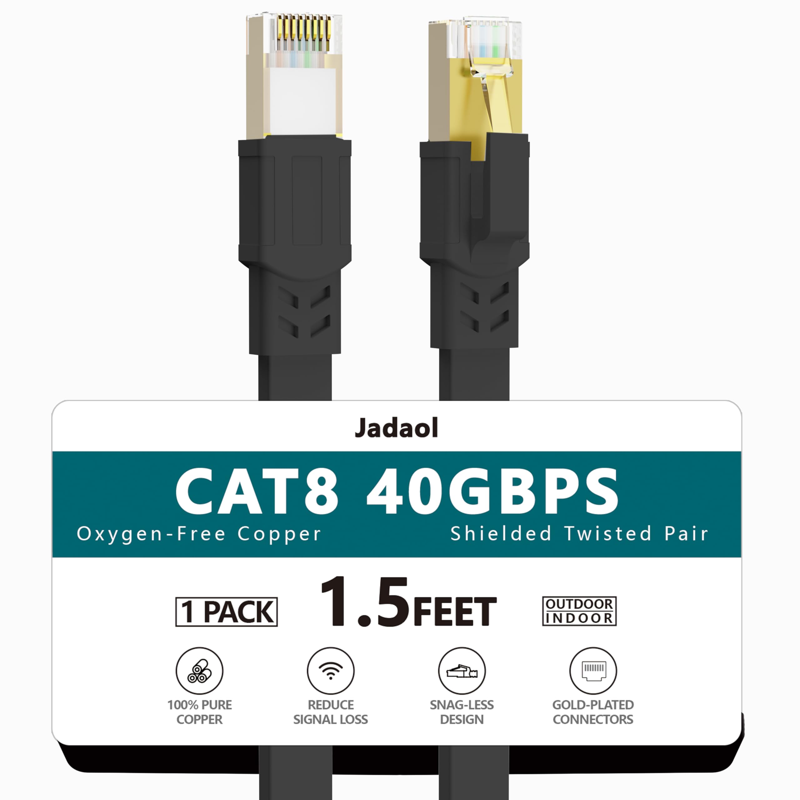 Cat8 Ethernet Cable, Outdoor&Indoor, 1.5FT Heavy Duty High Speed Cat 8 LAN Network Cable, 40Gbps 2000MHz RJ45 Flat Internet Computer Patch Cord, Weatherproof S/FTP UV Resistant for Router/Modem/Gaming