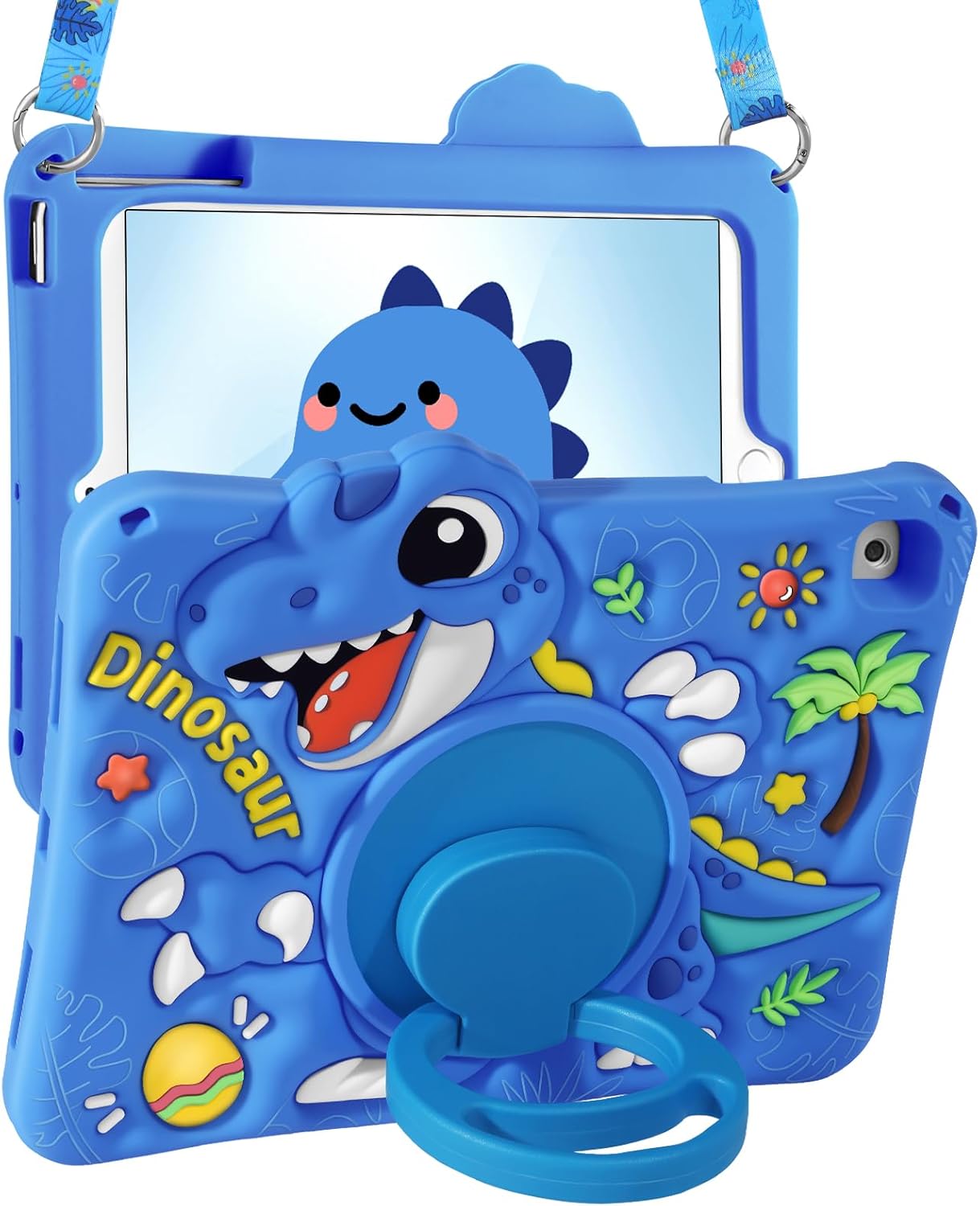 Boaretiu for iPad 6th/5th Gen Case, for iPad Air 2nd/Air 1st/Pro 9.7 inch 2016 Case - Cute Cartoon Silicone Cover with Adjustable Shoulder Strap & Rotating Stand for Kids Boys Girls, Green Dinosaur