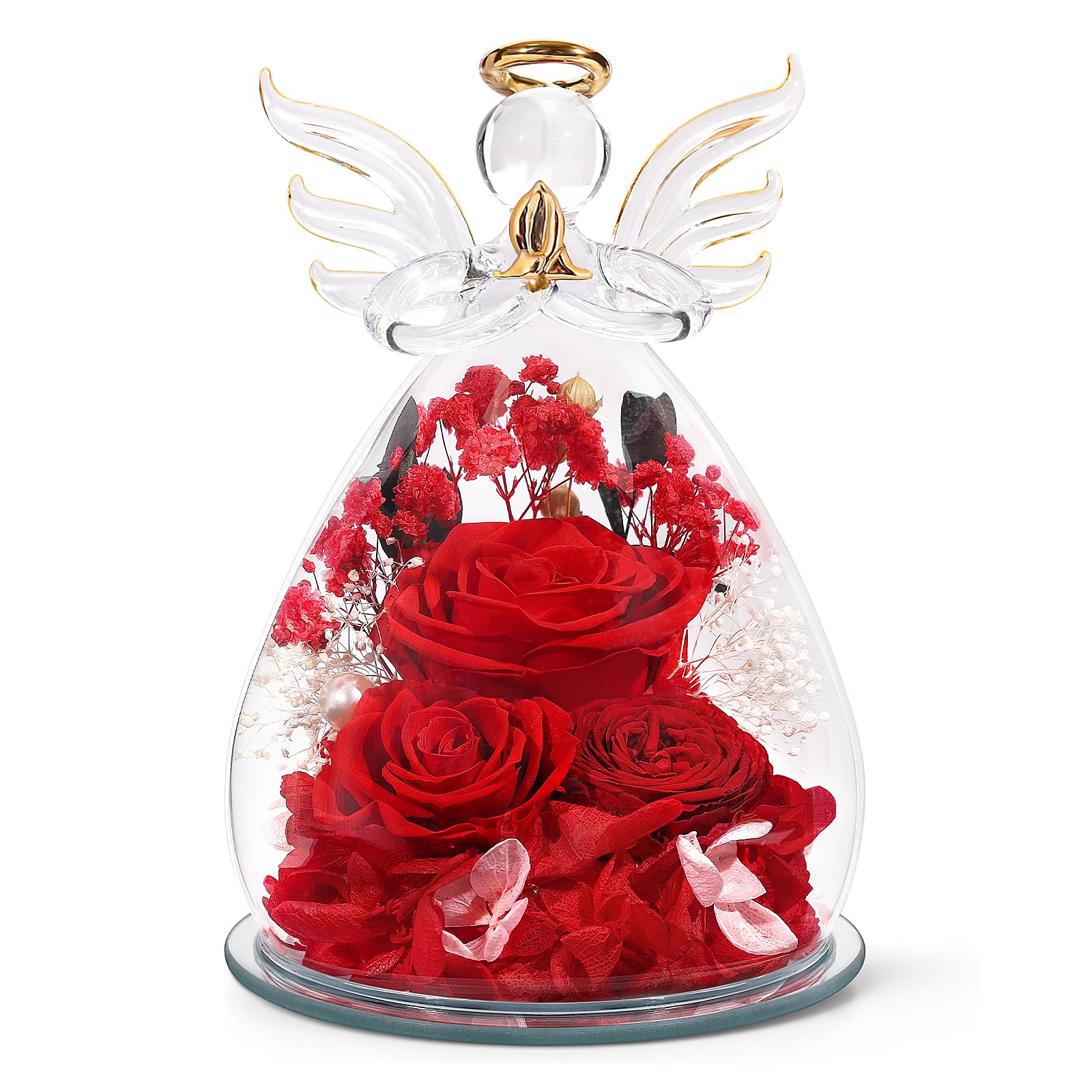 Gifts for Mom Mothers Day Birthday Gifts for Women Preserved Rose Forever Flower in Glass Angel Figurines Fresh Flowers for Delivery Anniversary Real Colorful Roses for Grandma Her Wife from Daughter