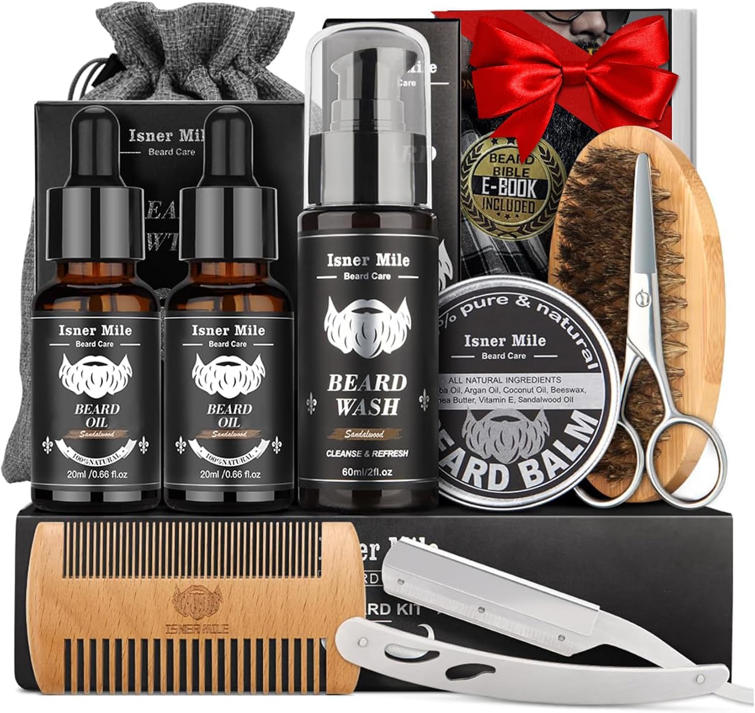 Beard Grooming Kit for Men Care: 9 in 1 Christmas Stocking Fillers for Men Him Dad Husband Boyfriend Fathers Valentines Gift Set with Sandalwood Beard Oil Brush Balm Shampoo Comb Straight Razor