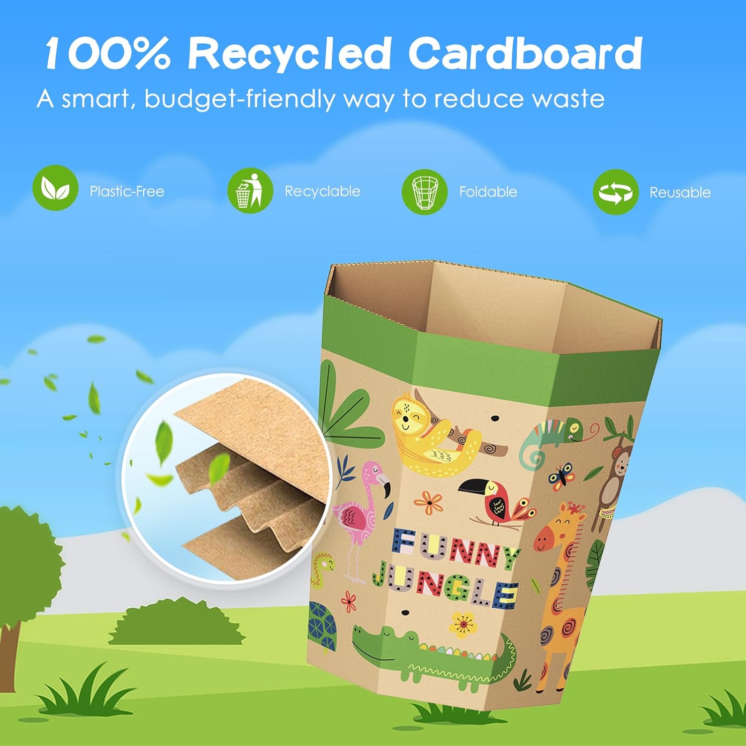 6-Pack Cardboard Trash Can – Foldable, Recyclable, Plastic-Free & Reusable Small Waste Paper Basket for Kids - Garbage Bin Perfect for Bedrooms, Playrooms, Children's Room & Outdoor (1.6 Gallon)