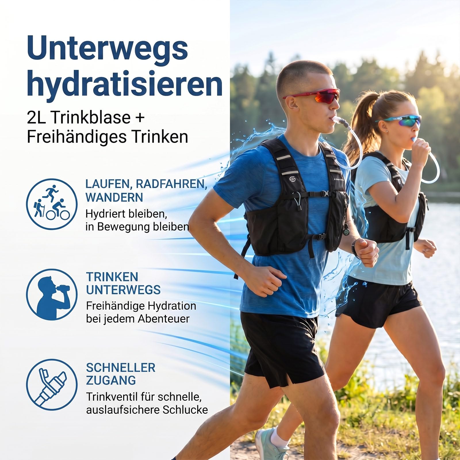Kühlende Laufweste mit Trinkblase 2L, 10L Trinkrucksack, 3 Kühlpacks, 180 Min Kühlsystem, Reflektierend, für Damen und Herren | 2 l Wasserblase, 3 Kältequellen