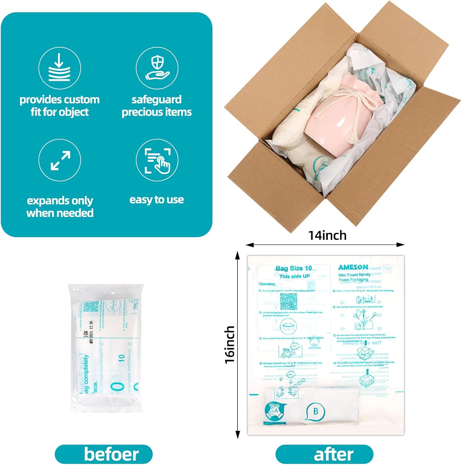 20 Pack 14"x16" Expanding Foam Packaging Cushioning Foam Pouches Expanding for PC Electronic Components Equipment Fragile Items Shipping Moving Packaging Storage