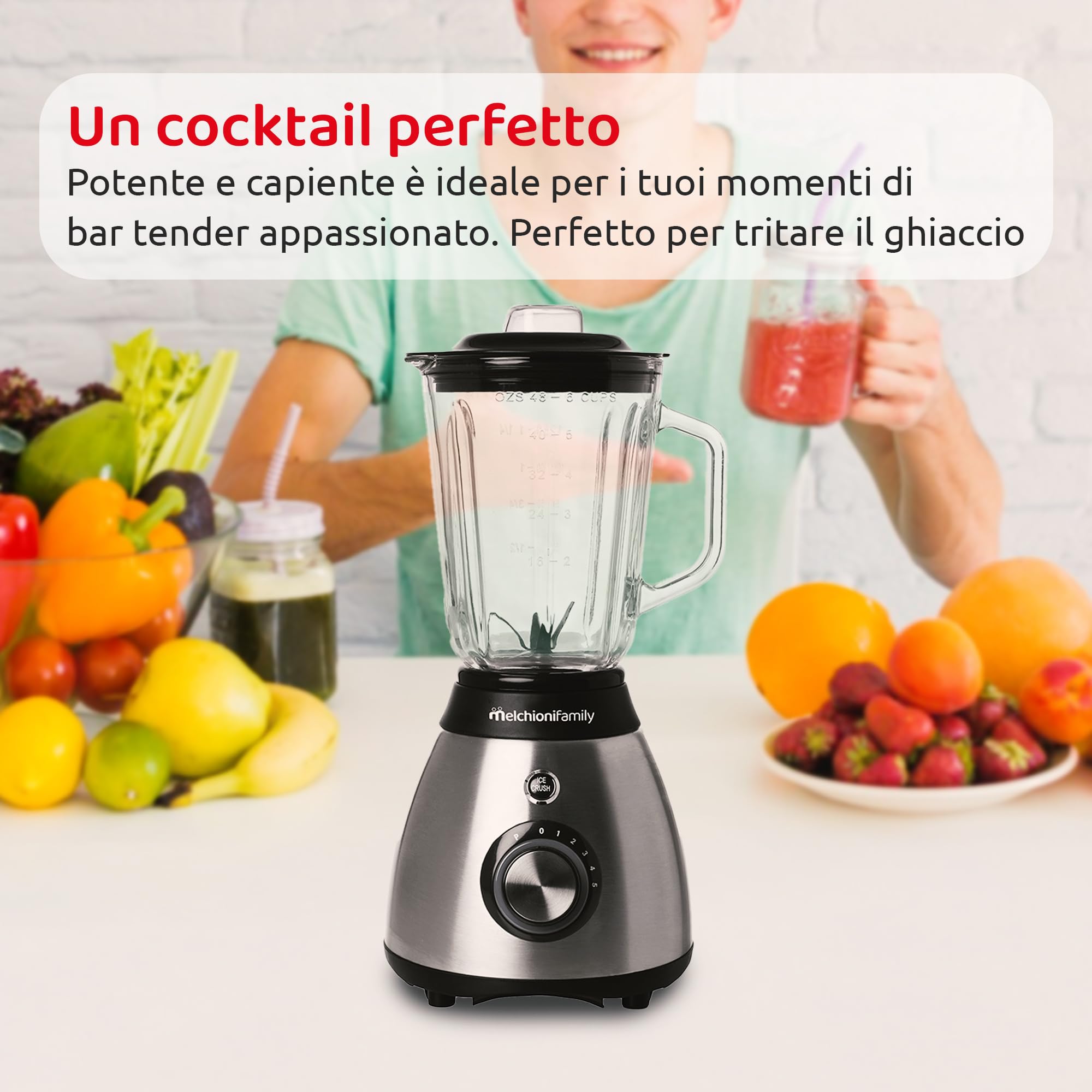 Melchioni Family | Frullatore Elettrico 600W con Caraffa in Vetro da 1,5L e 6 Lame in Acciaio Inossidabile - Versatile, Potente e Facile da Usare